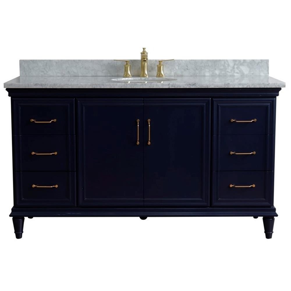 61 in. Single Wooden Vanity Blue White Carrara Marble Oval Sink