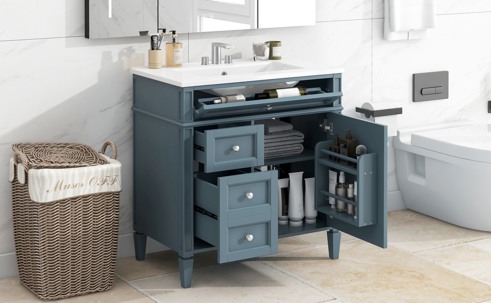 30″ Bathroom Vanity with Top Sink, 2 Drawers & Tip-Out Drawer