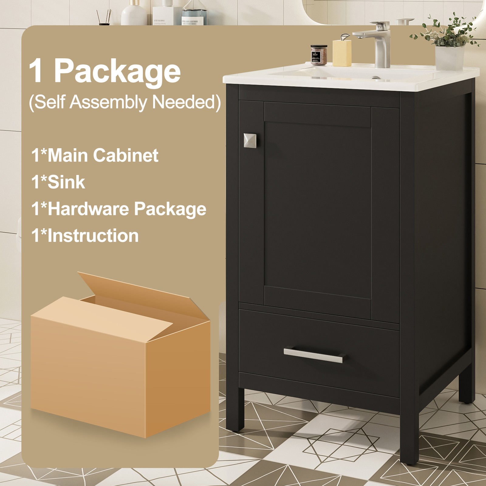 Modern Bathroom Vanity w/Ceramic Sink,Storage Cabinet w/Soft-Close Drawer & Door