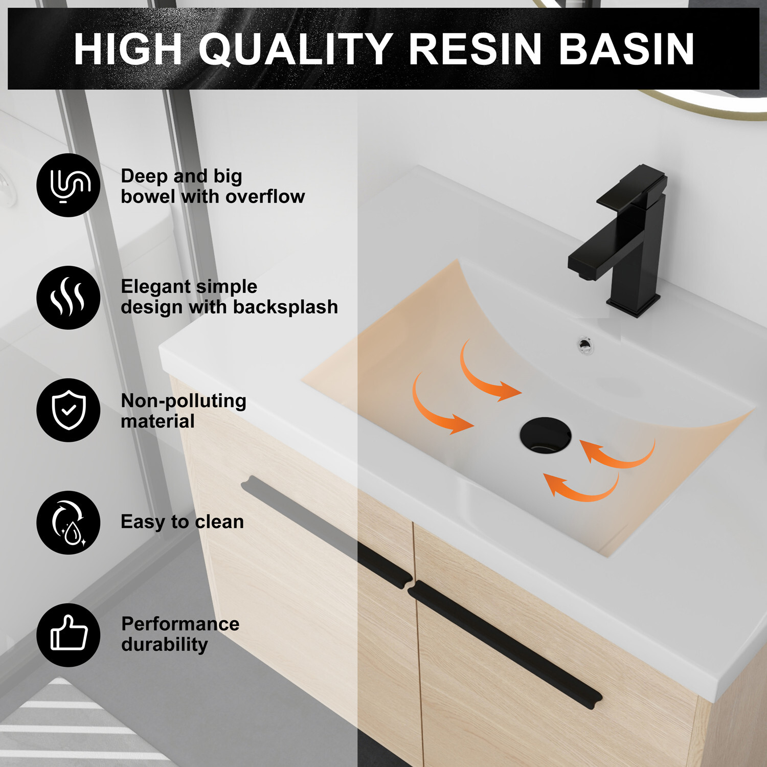 24″ 30″ 36″ Wall Mounted Bathroom Vanity with Sink, Floating Vanity Door Cabinet