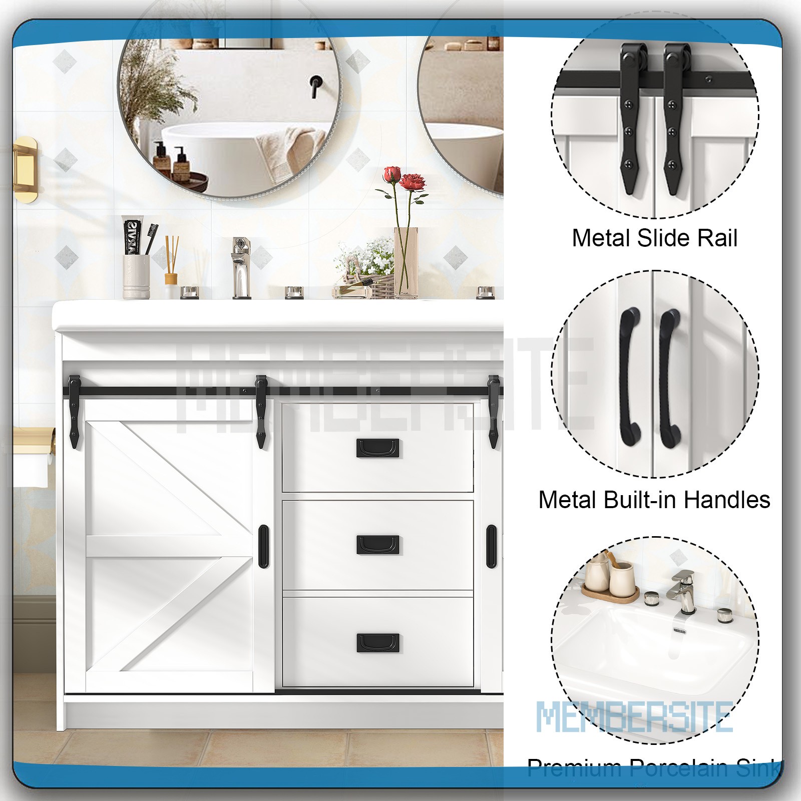 Bathroom Vanity Cabinet w/2 Ceramic Sink Combo 2 Sliding Door 47.3″ Vanity White