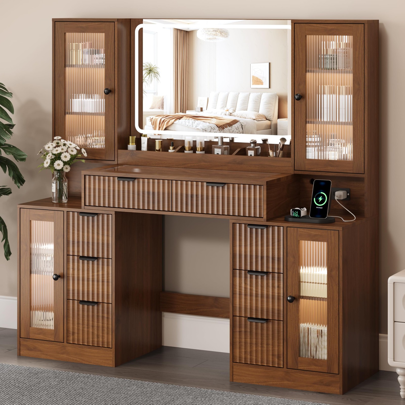 55in Fluted Vanity Desk Lighted Mirror 8 Drawers Tempered Glass Charging Station