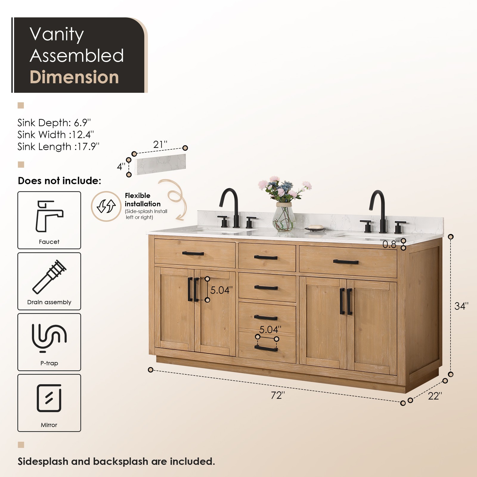 Gavino 72″ Wood Vanity in Light Brown with Composite Stone Top no Mirror