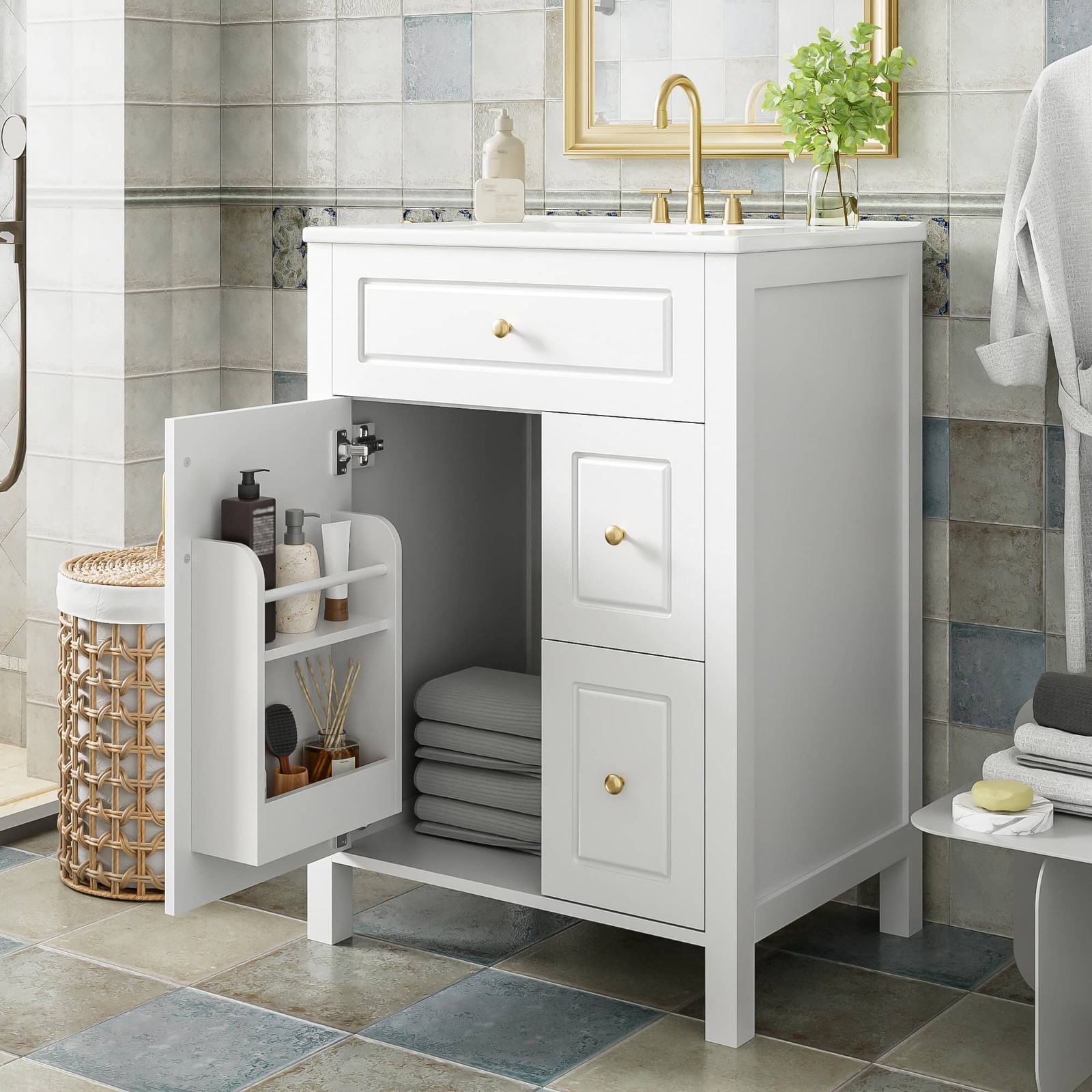 24″ Bathroom Vanity with Ceramic Sink, Modern Storage Cabinet w/Soft Close Door