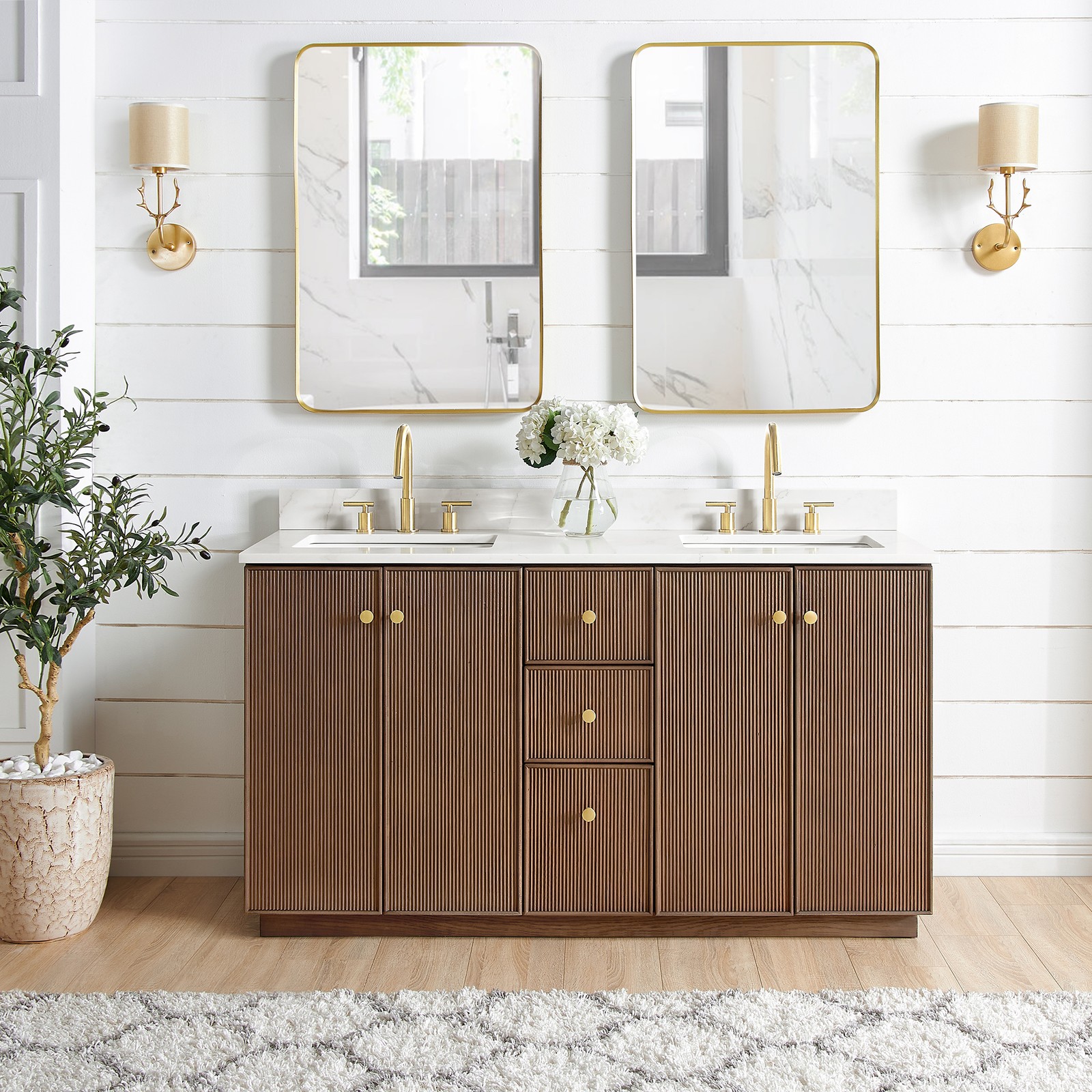 Oza 60M”Double Bath Vanity in Aged Dark Brown Oak with Fish Maw White Quartz Top