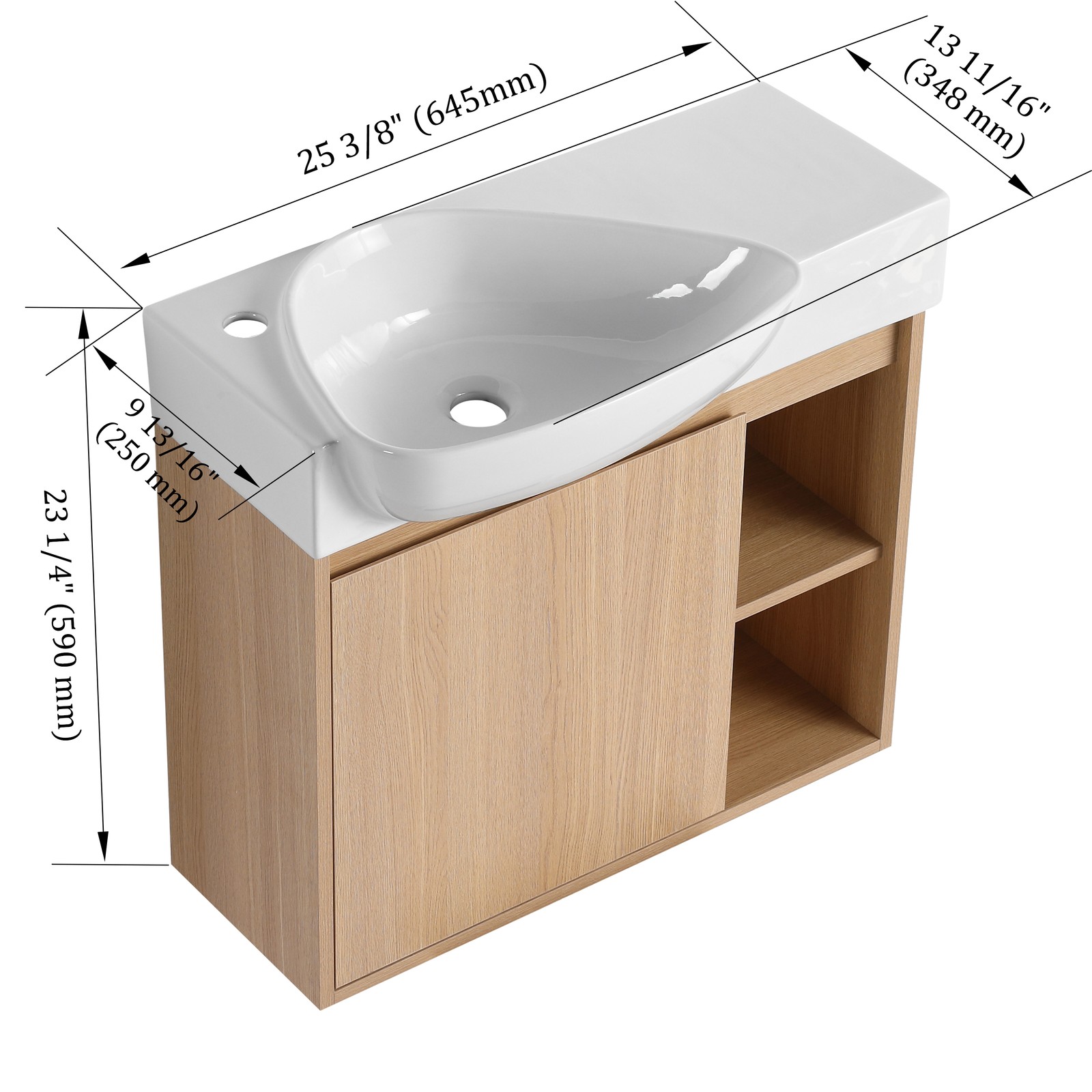 26″ Plywood Wall-Mounted Bathroom Vanity W/ White Ceramic Sink +Door +Shelf Oak