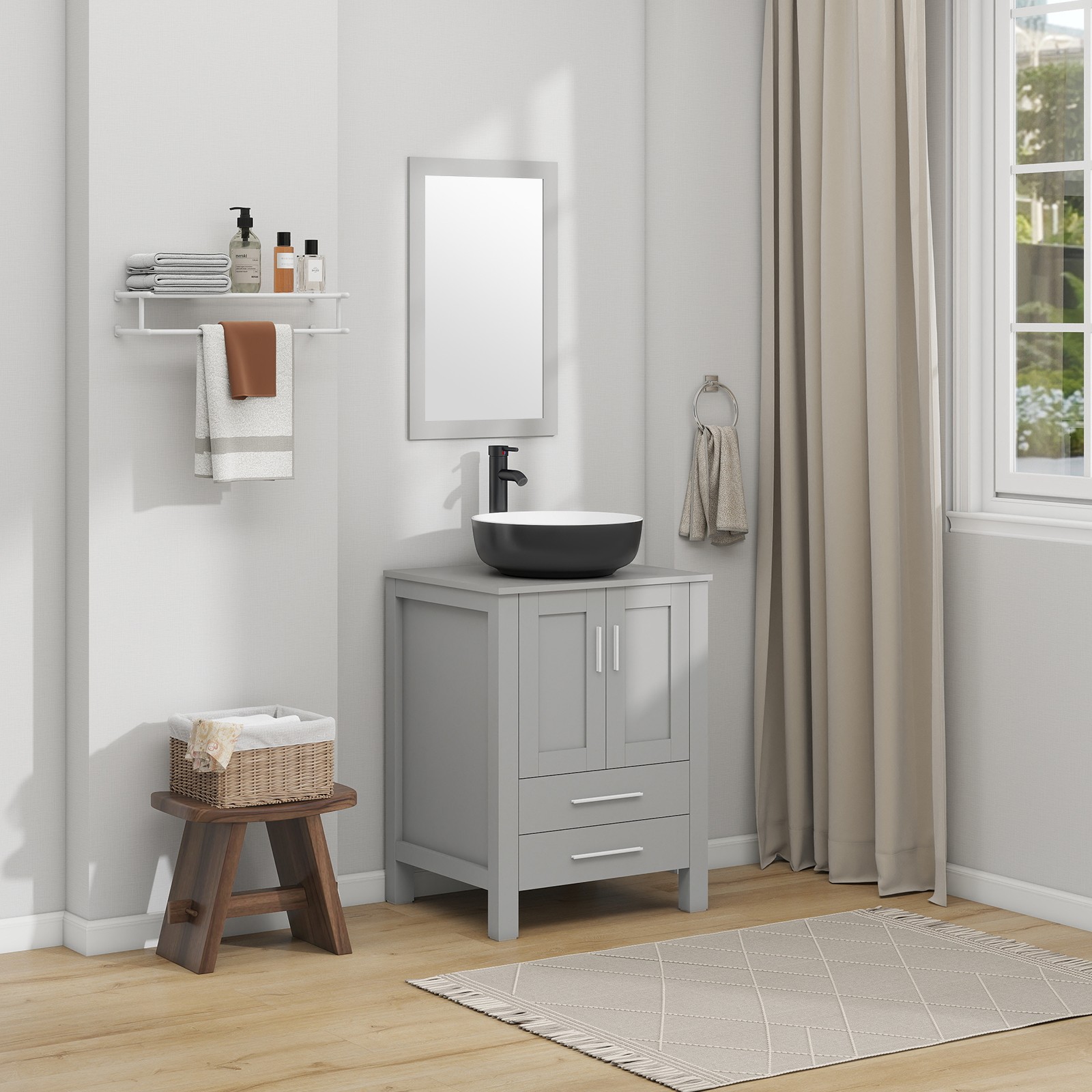Modern 24″ Vanity Set with Black Ceramic Sink | Cabinet + Drawer Storage