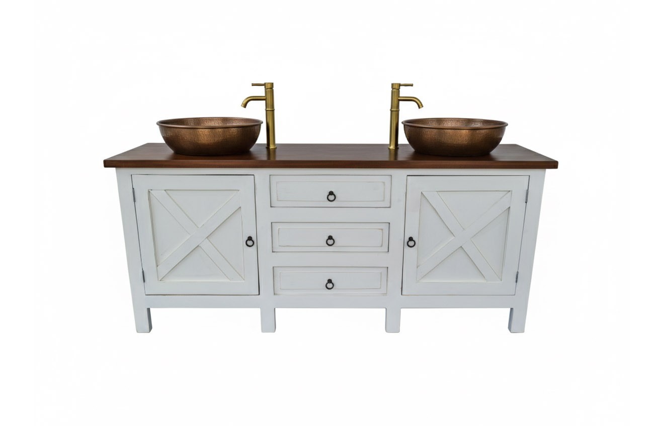 Farm House Rustic Bathroom Double Sink Vanity White washed