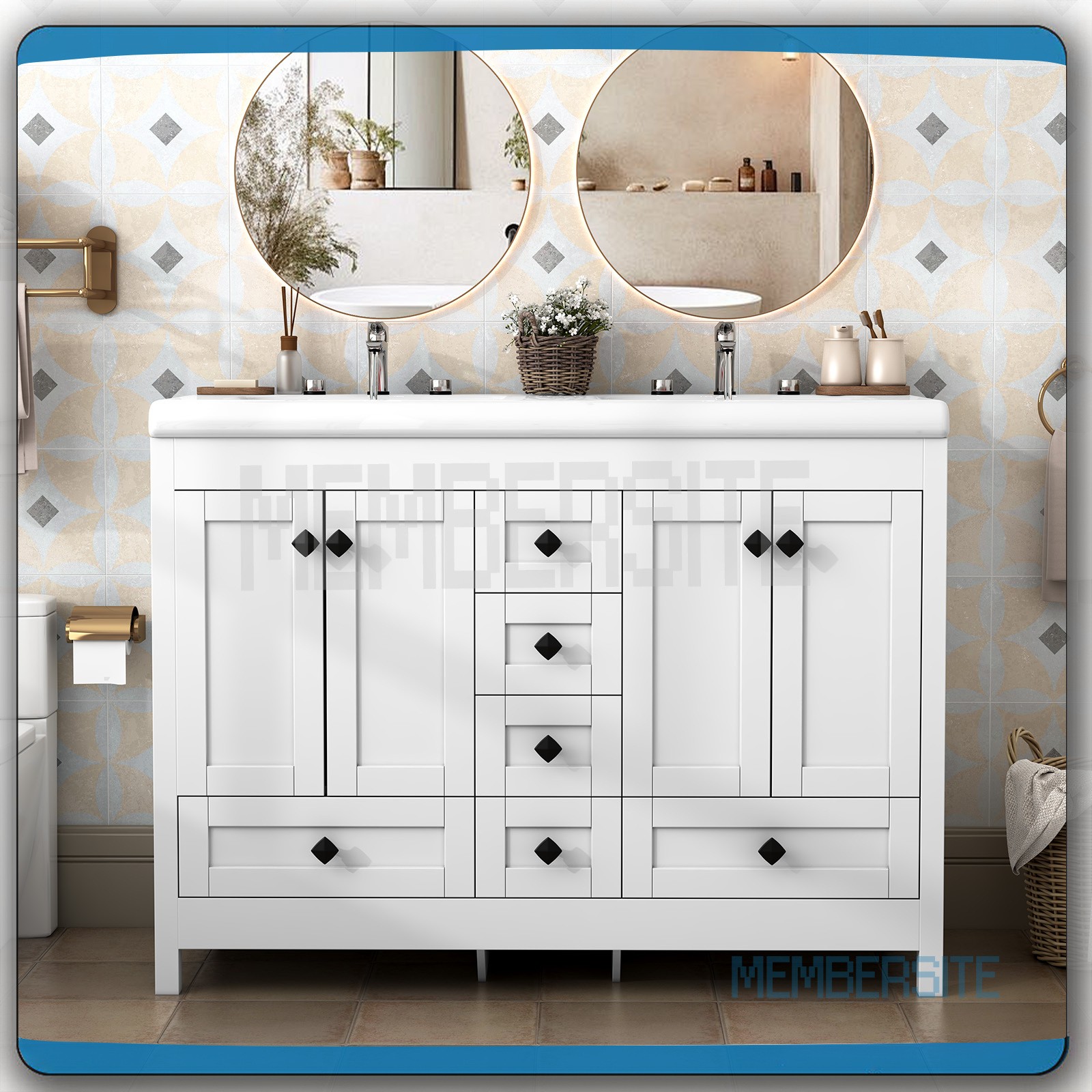 Bathroom Cabinet 47.3″ Vanity Top w/2 Sinks ,6 Drawers Bathroom Vanity Cabinet