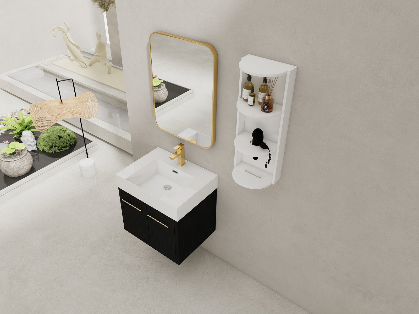 24In Plywood Wall-Mounted Bathroom Vanity W/Resin Sink Doors + Side Storage Rack