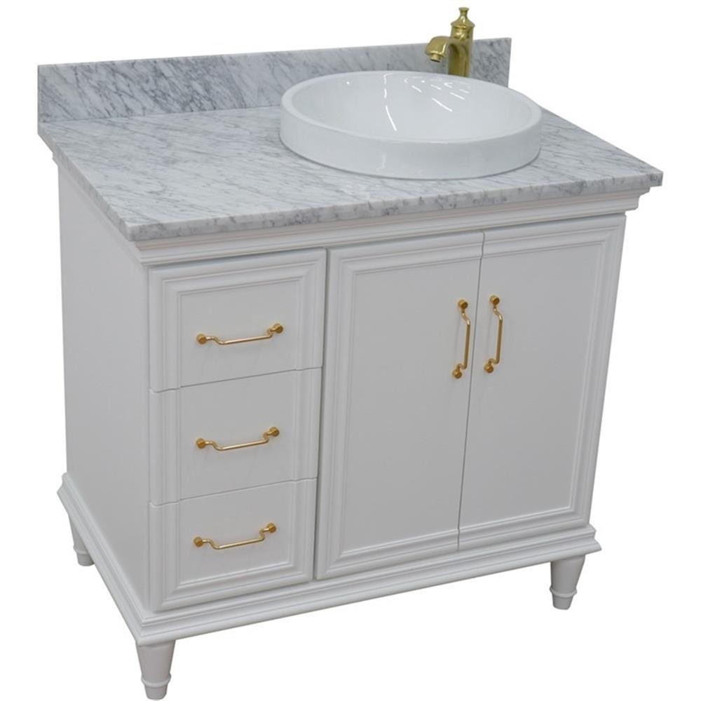 37 in. Single Wooden Vanity White White Carrara Round Right Door.Right Sink