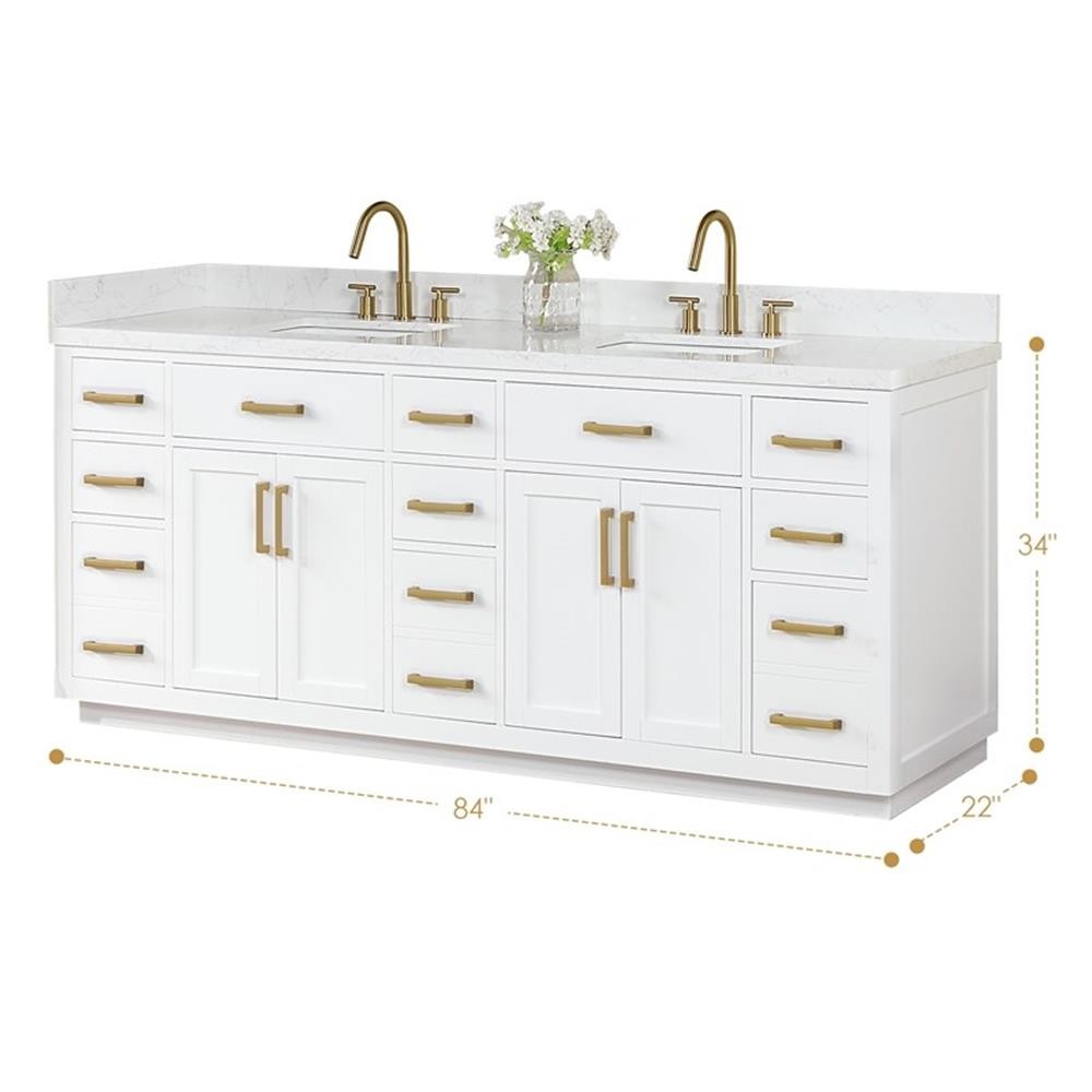 Gavino 84″ Wood Vanity in White with Composite Stone Top no Mirror