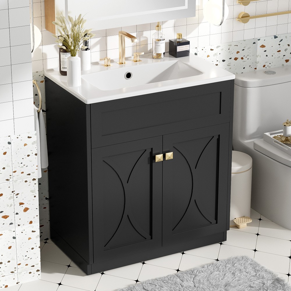 Bathroom Vanity W Ceramic Sink Combo Gold Handles
