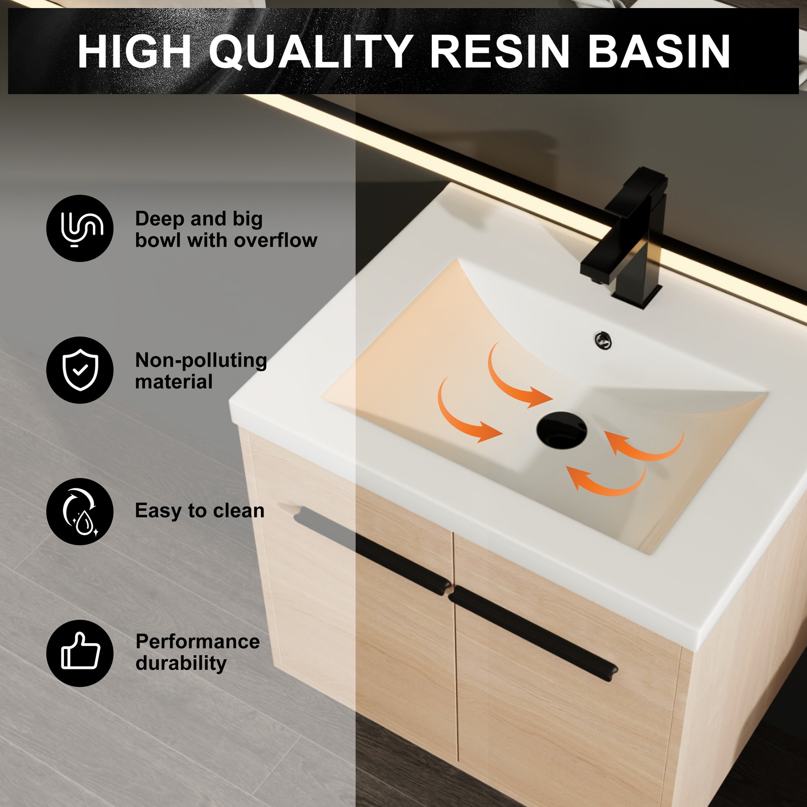 24″ Floating Wall Mounted Bathroom Vanity Cabinet with Resin Basin Natural Oak