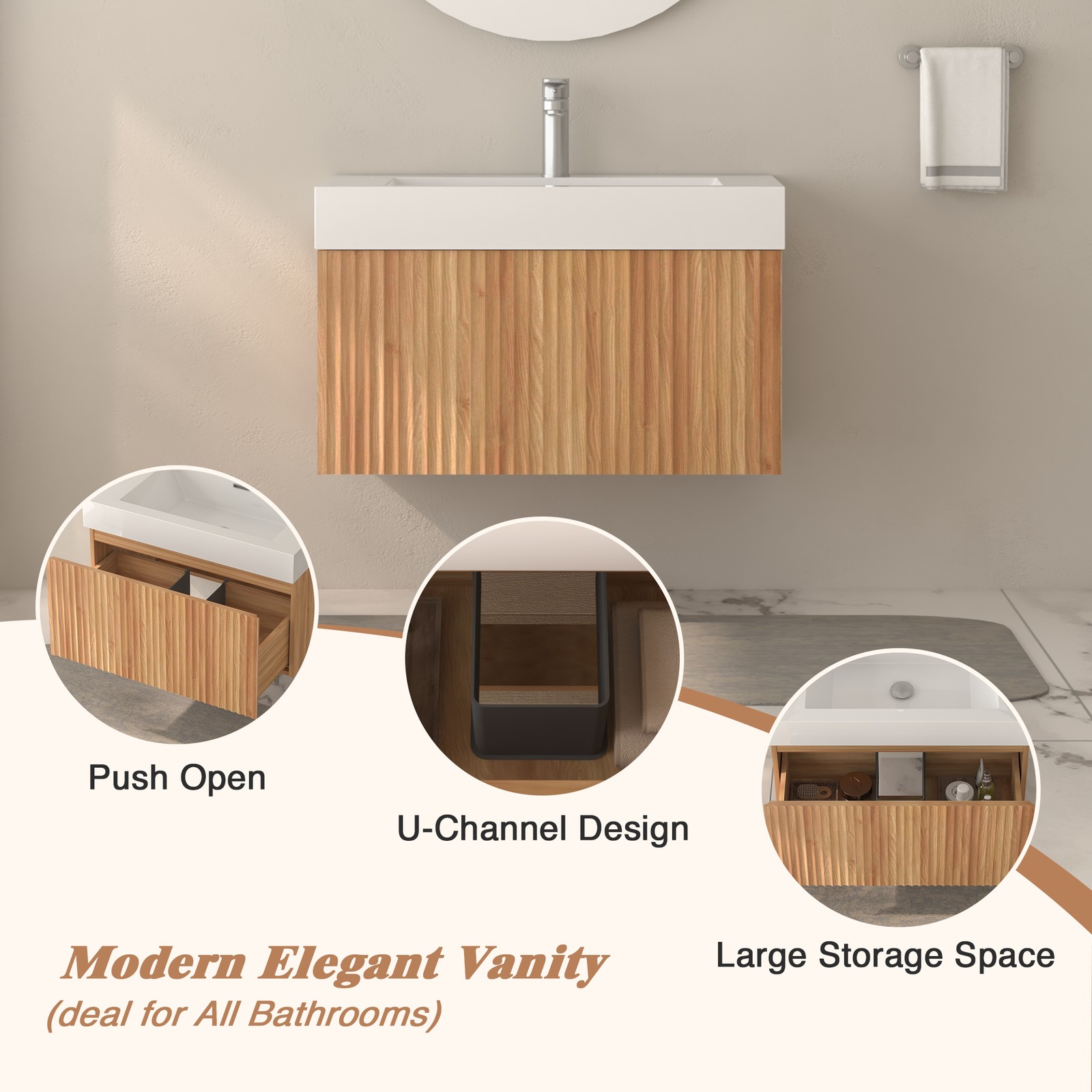 30″ Floating Bathroom Vanity with Integrated Sink, Acacia Plywood Cabinet
