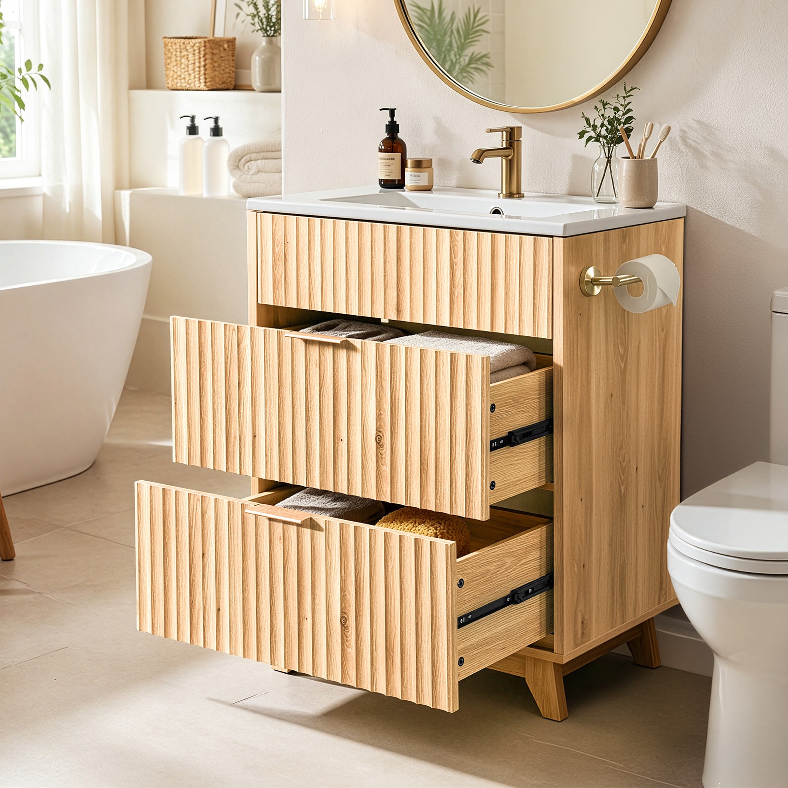 24″ Bathroom Vanity with Ceramic Sink Overflow Freestanding Cabinet Guest Baths