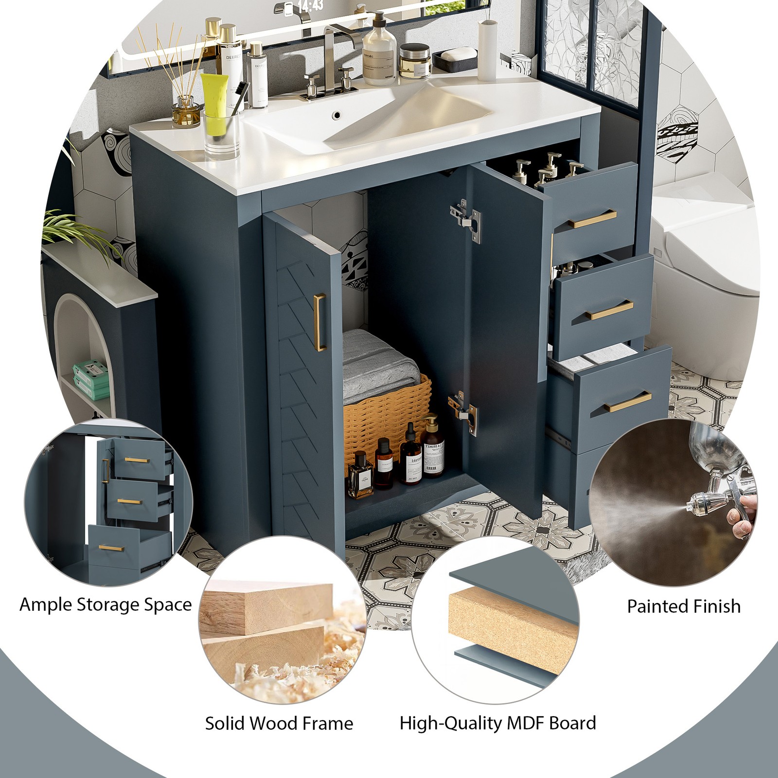 36″ Bathroom Vanity with Ceramic Sink, Solid Wood Frame, 3 Drawers & Doors