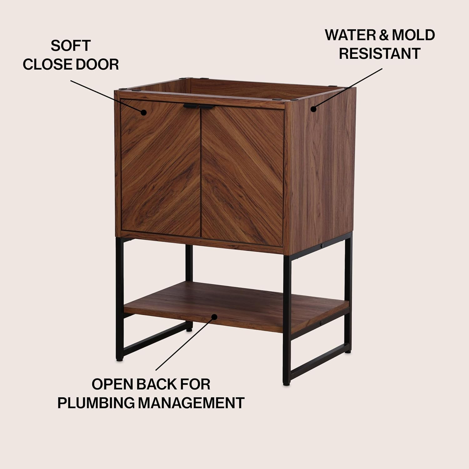 Modern Walnut 2-Shelf Bathroom Vanity Cabinet with Soft Close Doors