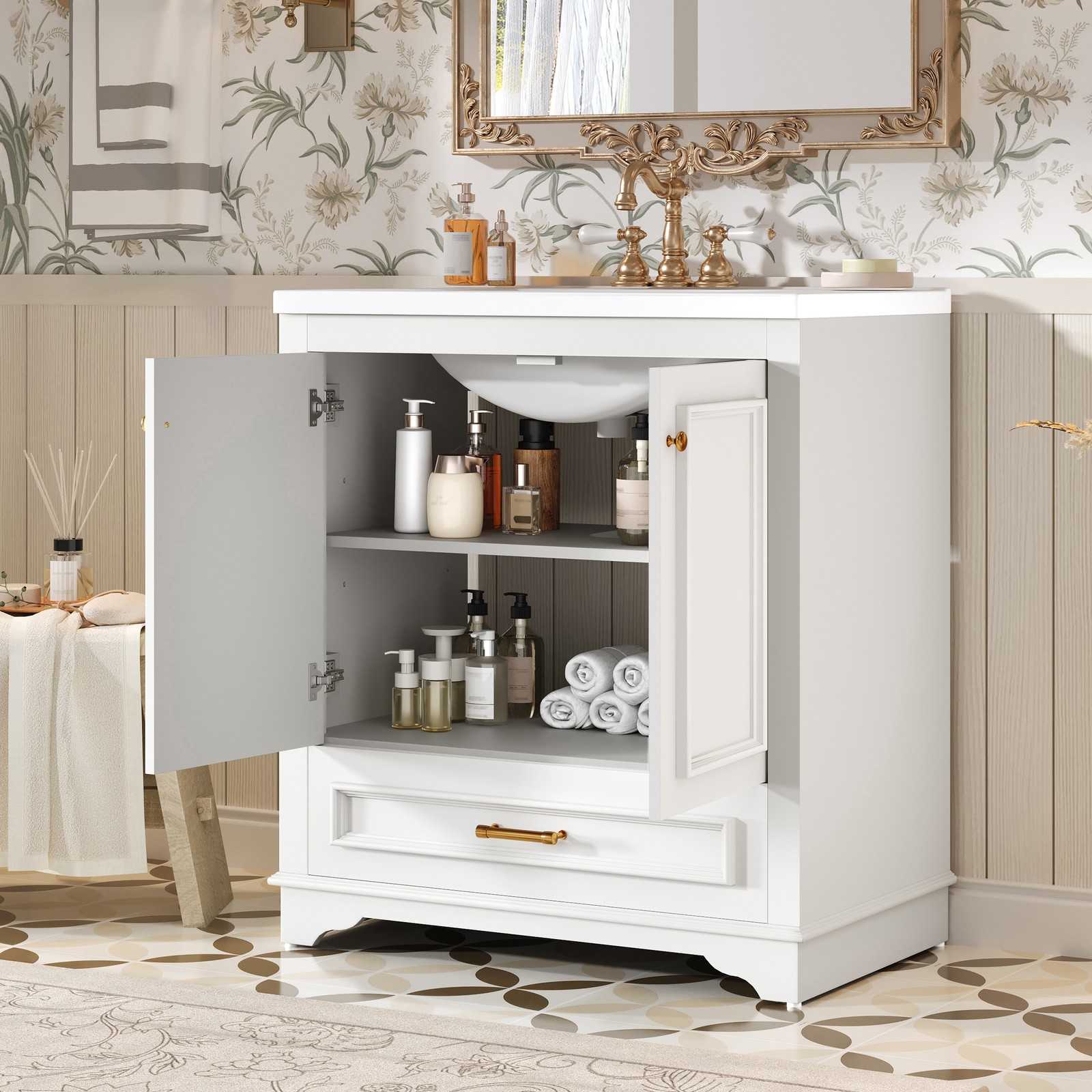 30″ Bathroom Vanity with Ceramic Sink & 2 Soft Closing Doors