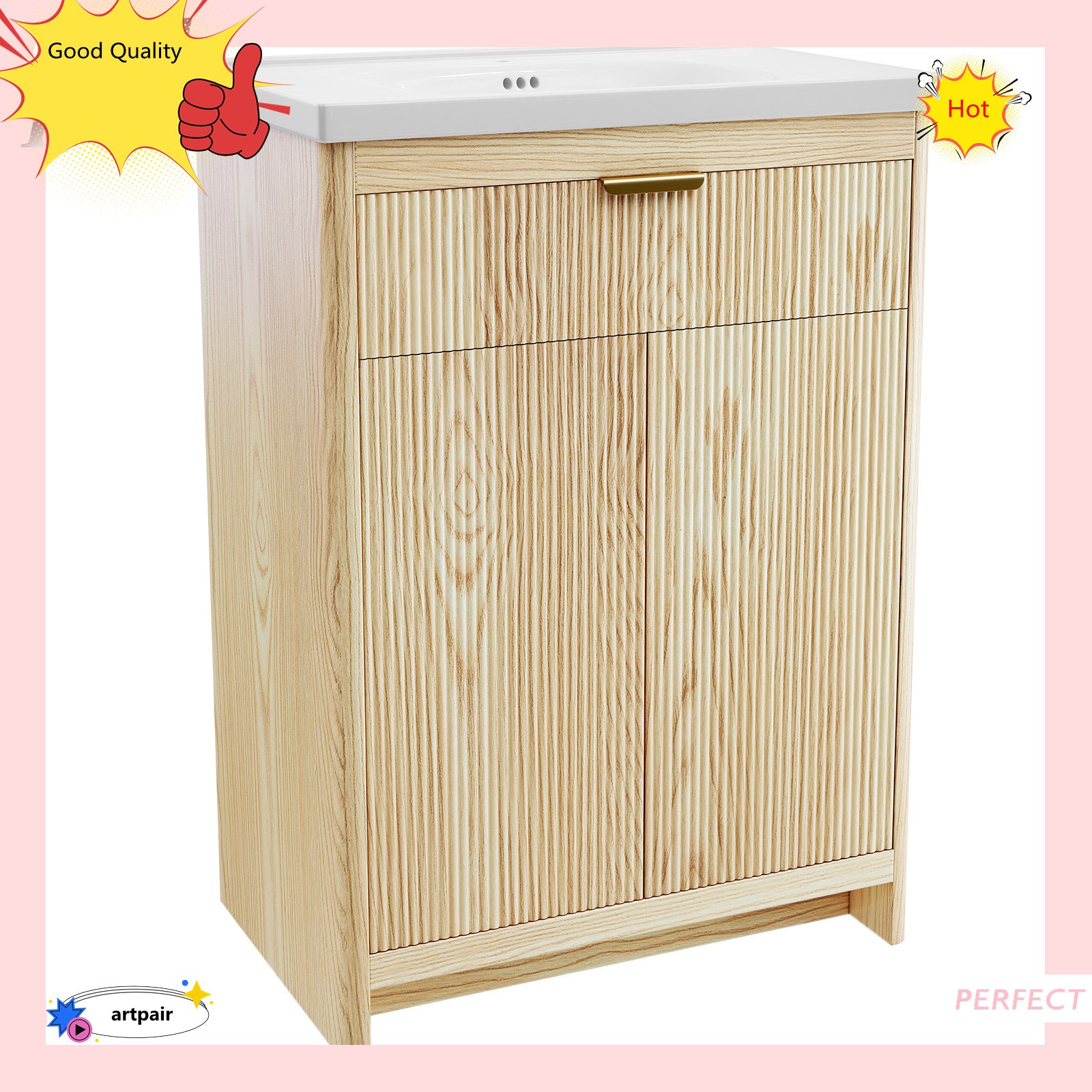 23.6″ Bathroom Wood Vanity &Ceramic Sink,Freestanding Storage Cabinet Vanity NEW