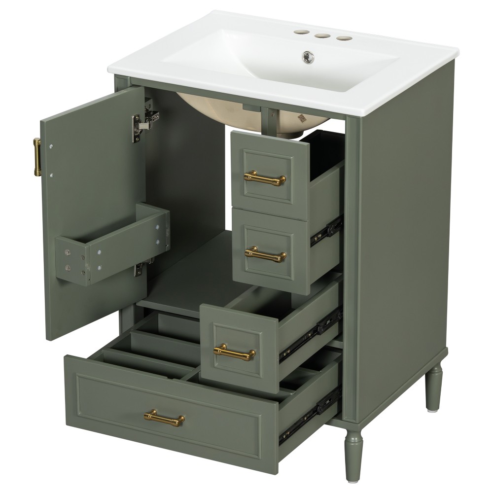 24″ Modern Bathroom Vanity with Ceramic Sink, Soft-Close Door, 3 Drawers