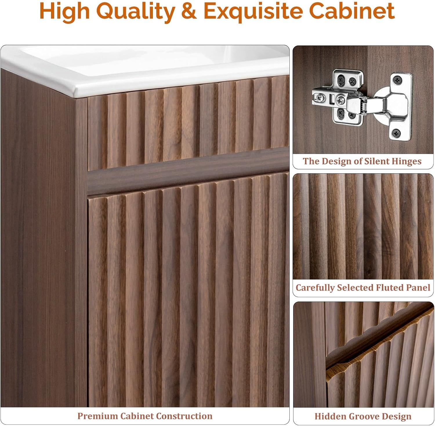 18″ Floating Fluted Bathroom Vanity with Ceramic Sink Wall Mounted Bathroom