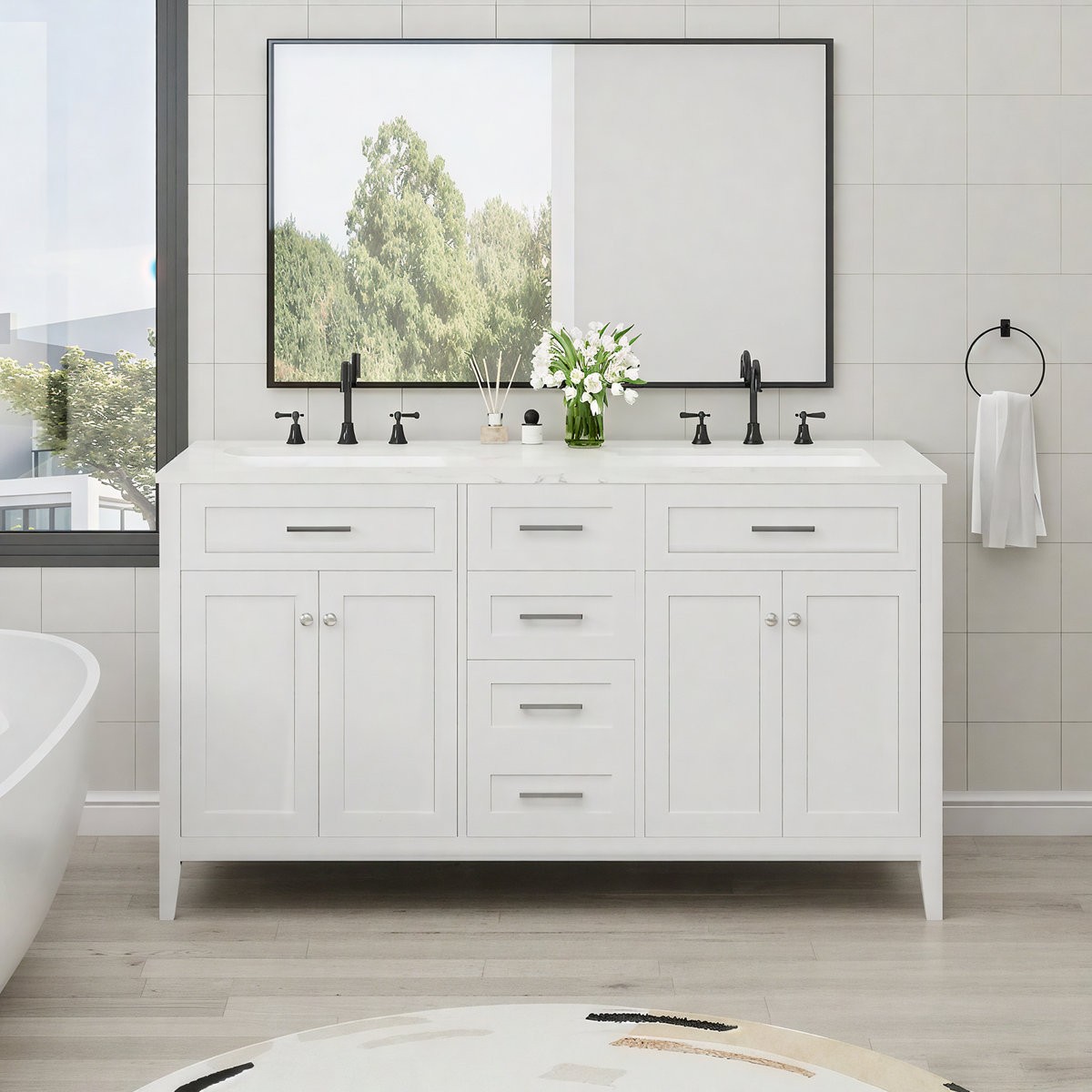 60″ Double Sink Bathroom Vanity w/ Ceramic Top Modern Wood Cabinet 3-Drawer