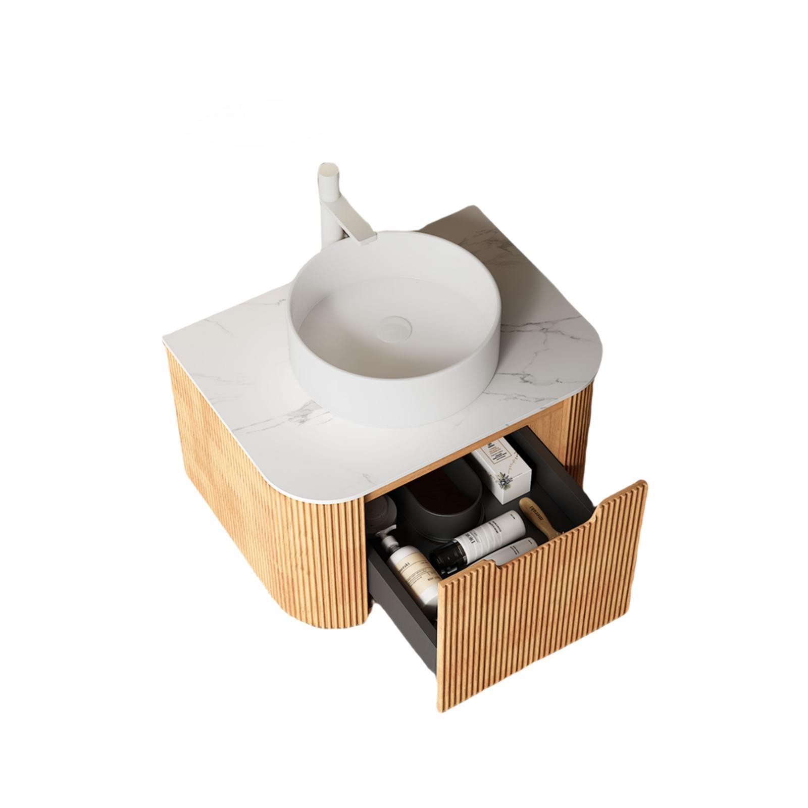 Floating Curved Bathroom Vanity with Sink 24 Inch Wall Mounted Natural Wood