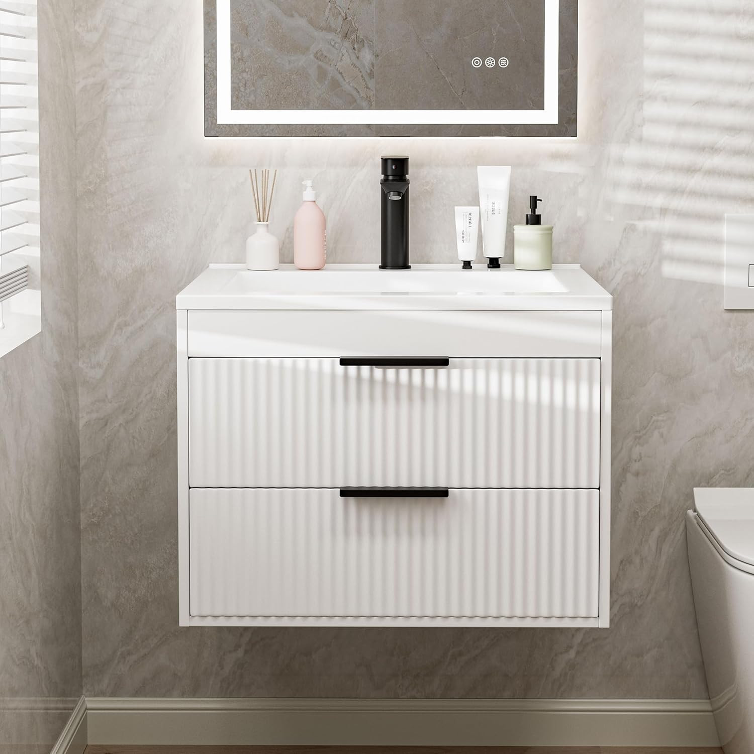 24″ Modern Wall-Mounted Bathroom Vanity with Sink & Double Drawers, White