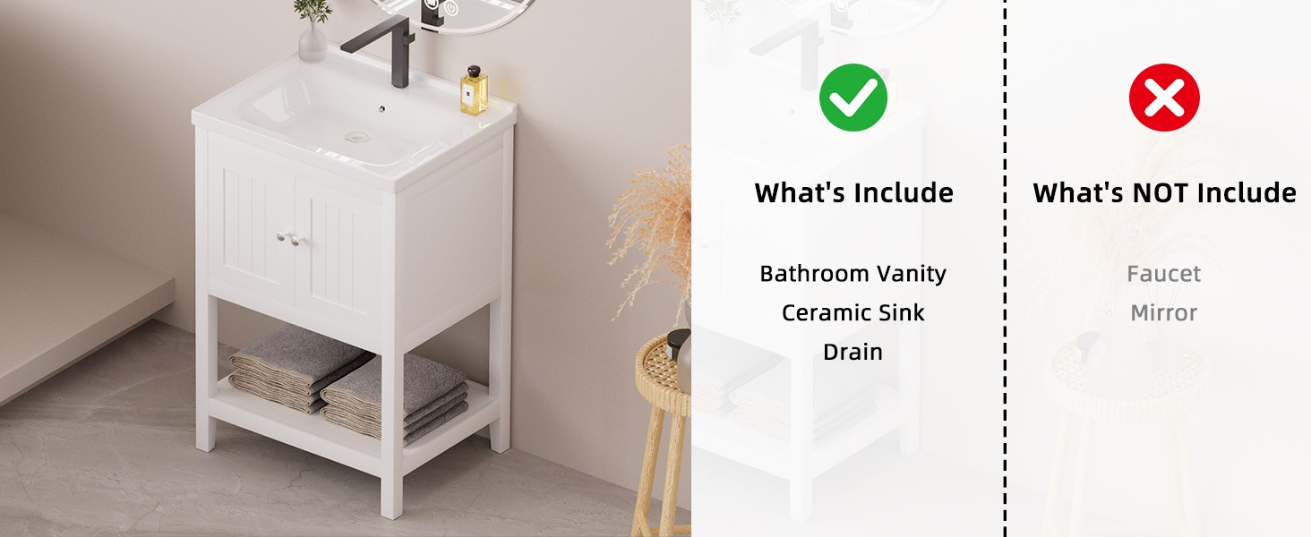24 Inch Bathroom Vanity with Sink, Bathroom Sink Cabinet with 2 Doors and 1 Open