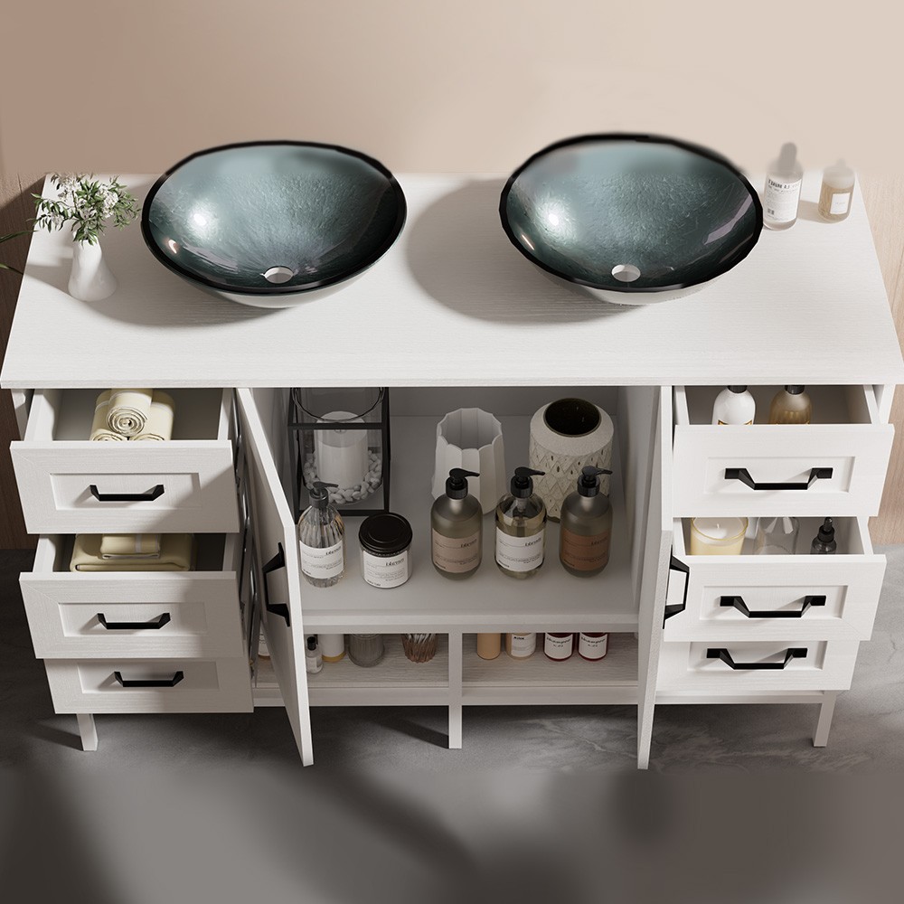 48 inch Bathroom Vanity Modern Bathroom Storage Cabinet with Glass Sink White