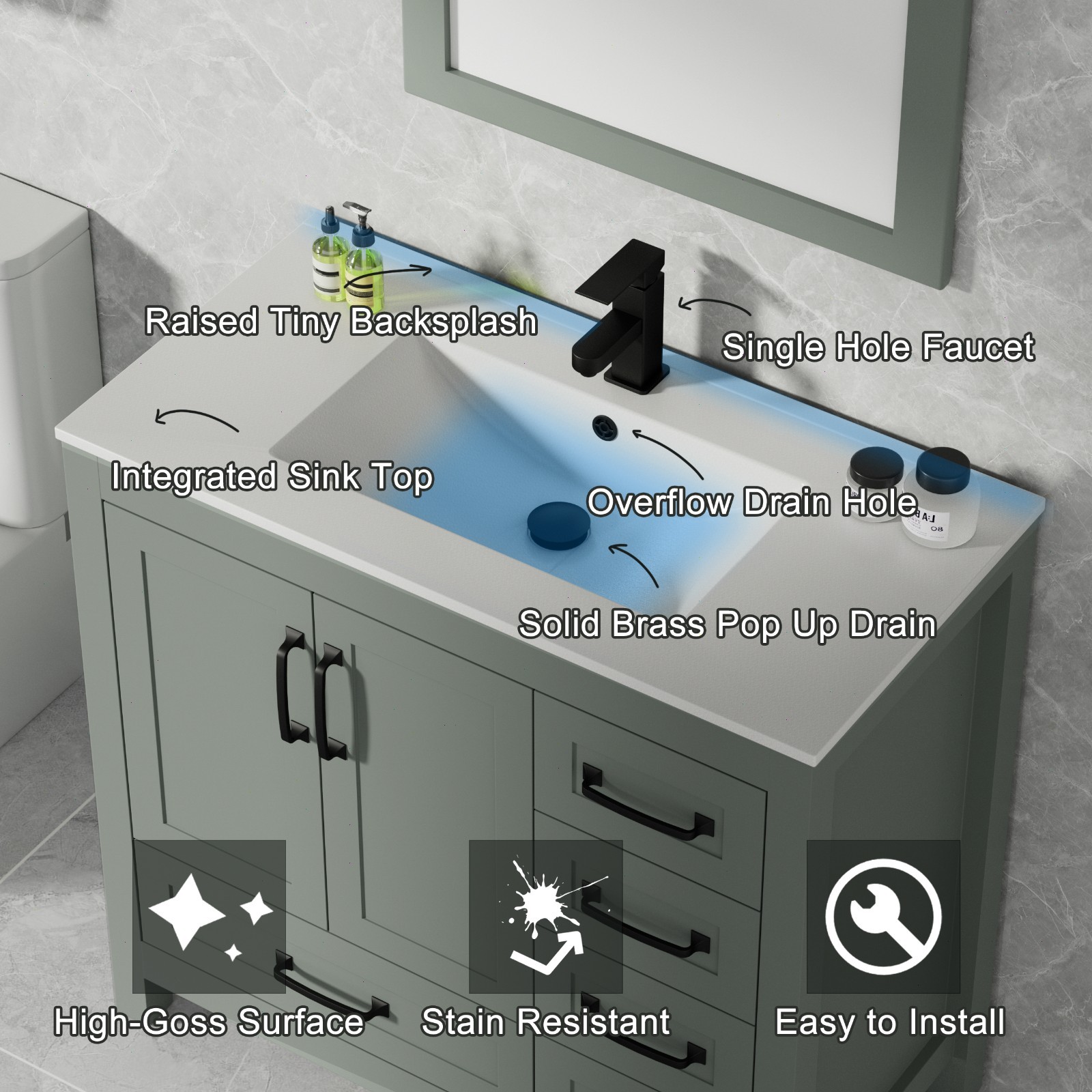 36” Bathroom Vanity Cabinet with Sink Combo Undermount Ceramic Sink with Faucet