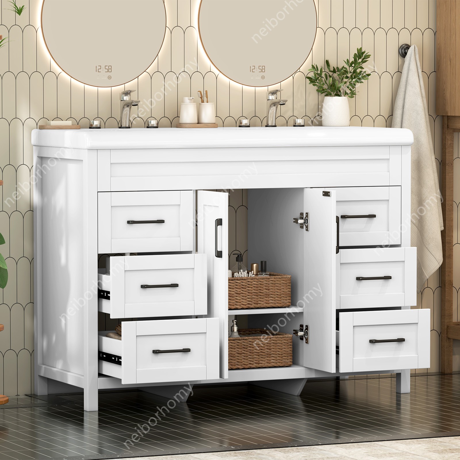47″ Bathroom Vanity Double Sink Ceramic Freestanding Cabinet Storage Drawers