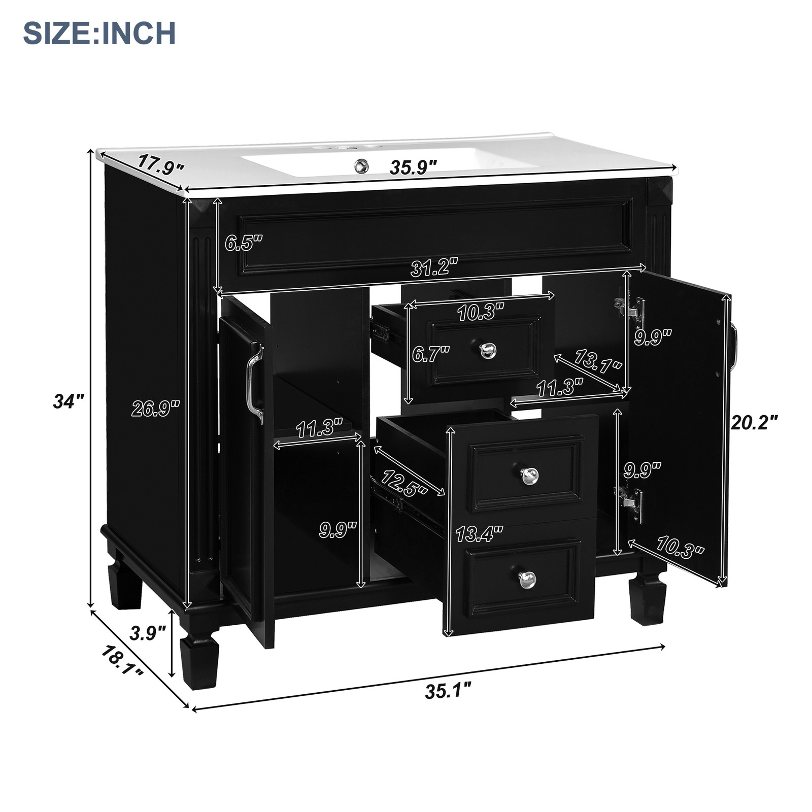 Single sink bathroom dressing table,2 soft-closed doors and 2 drawers