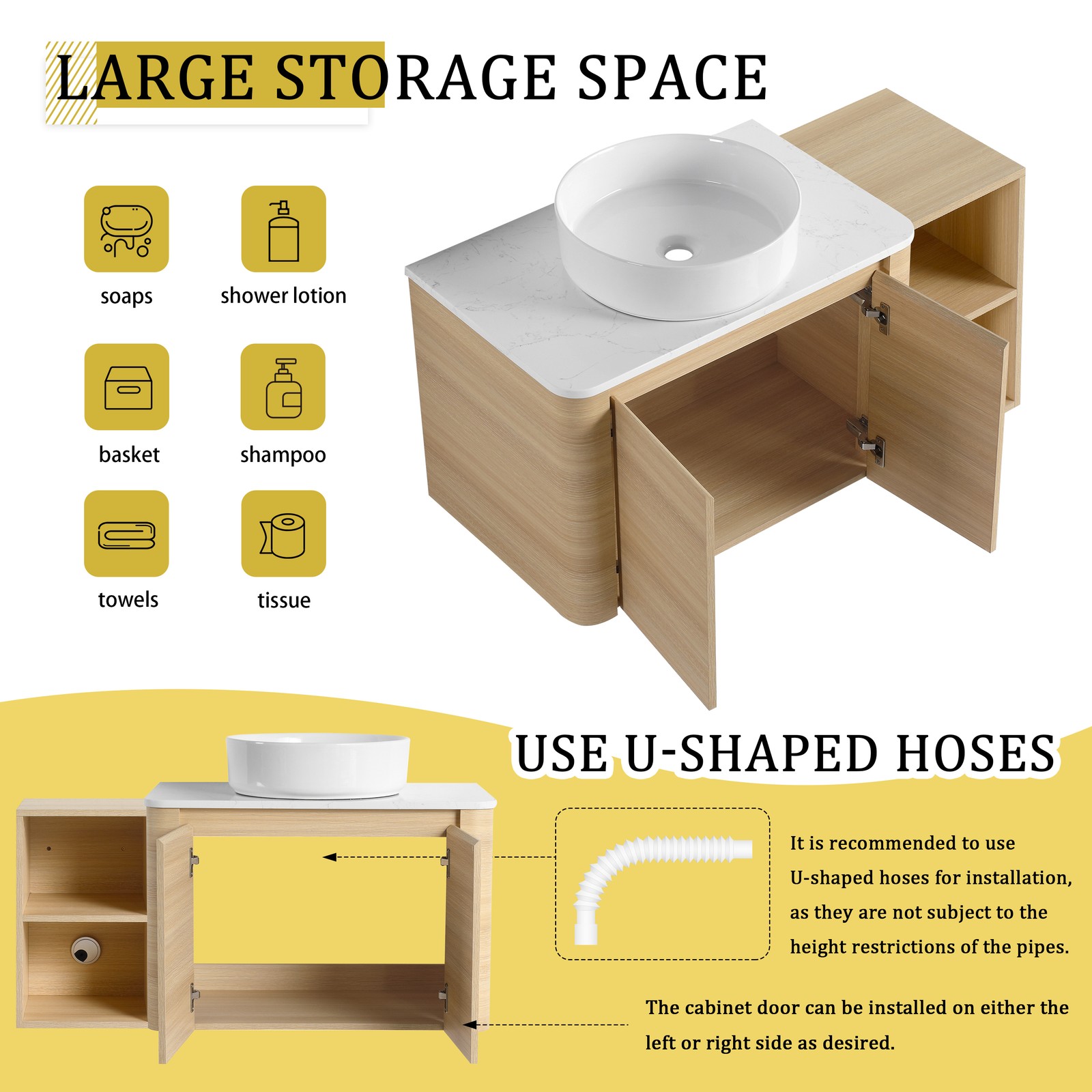 42in Plywood Floating Bathroom Vanity W/White Ceramic Basin Sink Storage Shelves