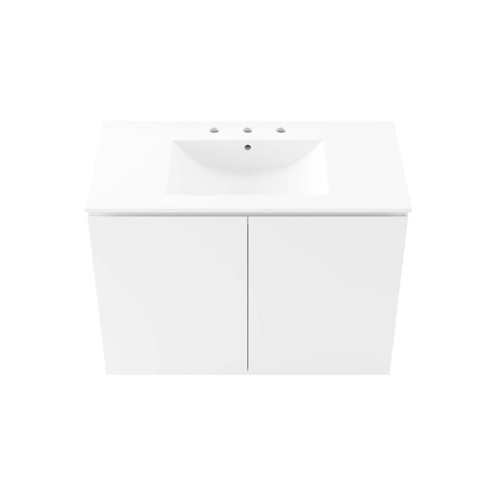 Modway Bryn 36″ Modern Wood/Ceramic Wall-Mount Bathroom Vanity in White