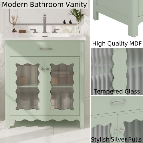 31 Bathroom Vanity With Tempered Glass, Modern Bathroom Cabinet With Rubber Wood