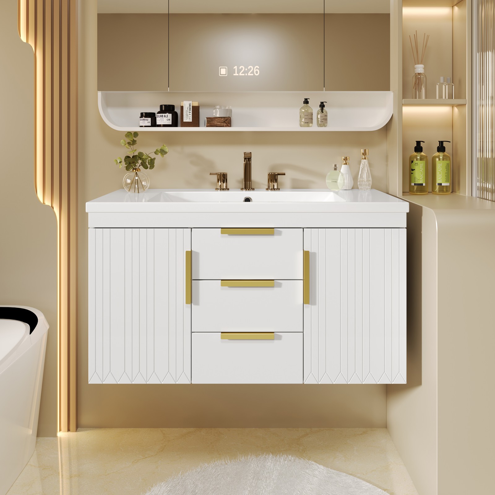 36″ Floating Bathroom Vanity Cabinet with 2 Drawers, Solid Wood, White