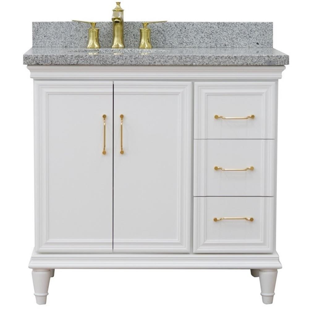 37 in. Single Wooden Vanity White Gray Granite Oval Left Door.Left Sink