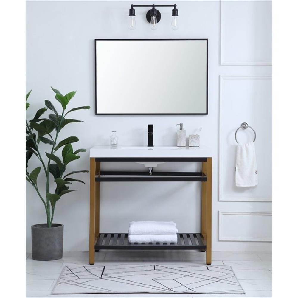 Pemberly Row 36″ Single Resin Top Metal Bathroom Vanity in Gold and Black