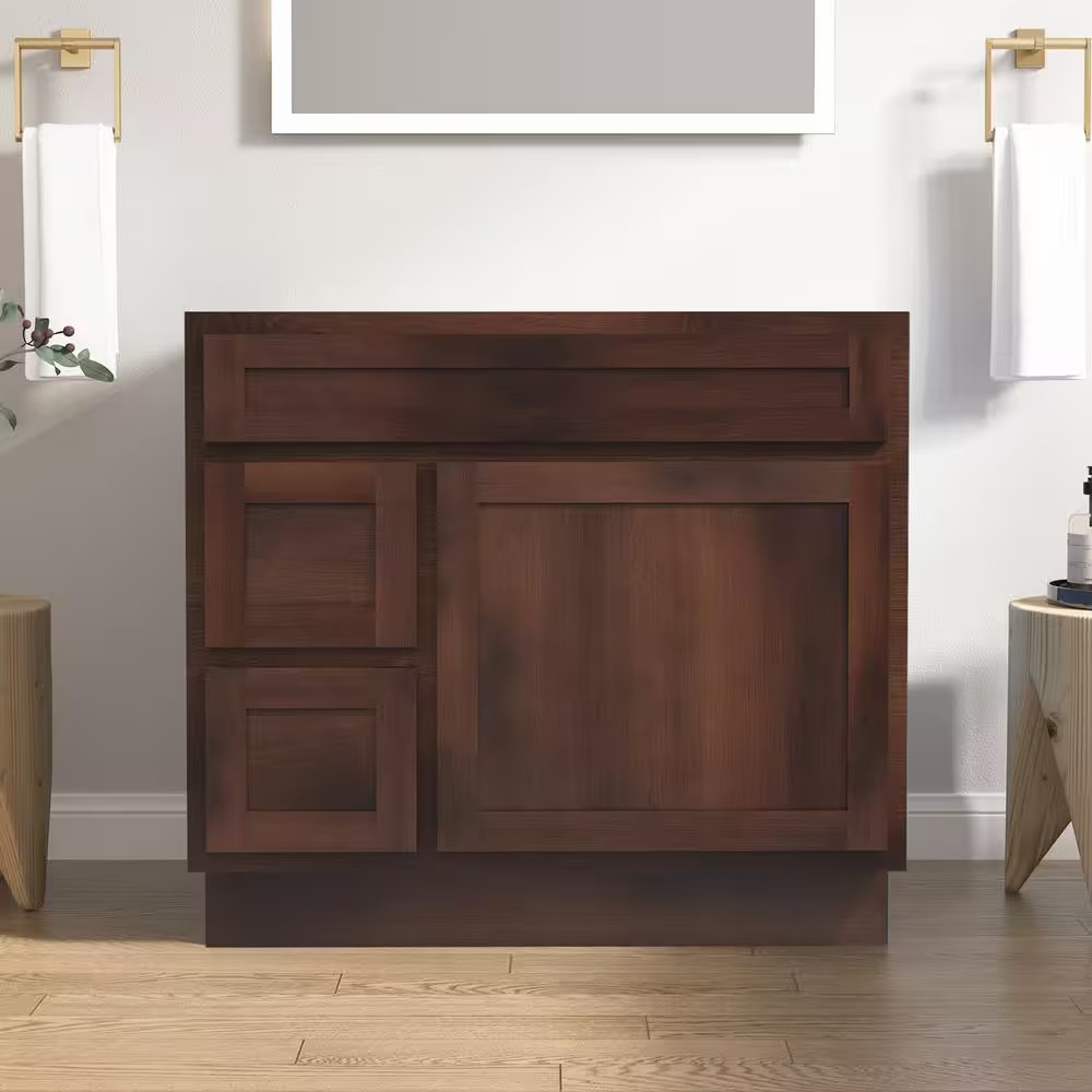 36 In. W X 21 In. D X 32.5 In. H 2-Left Drawers Bath Vanity Cabinet Only in Brow