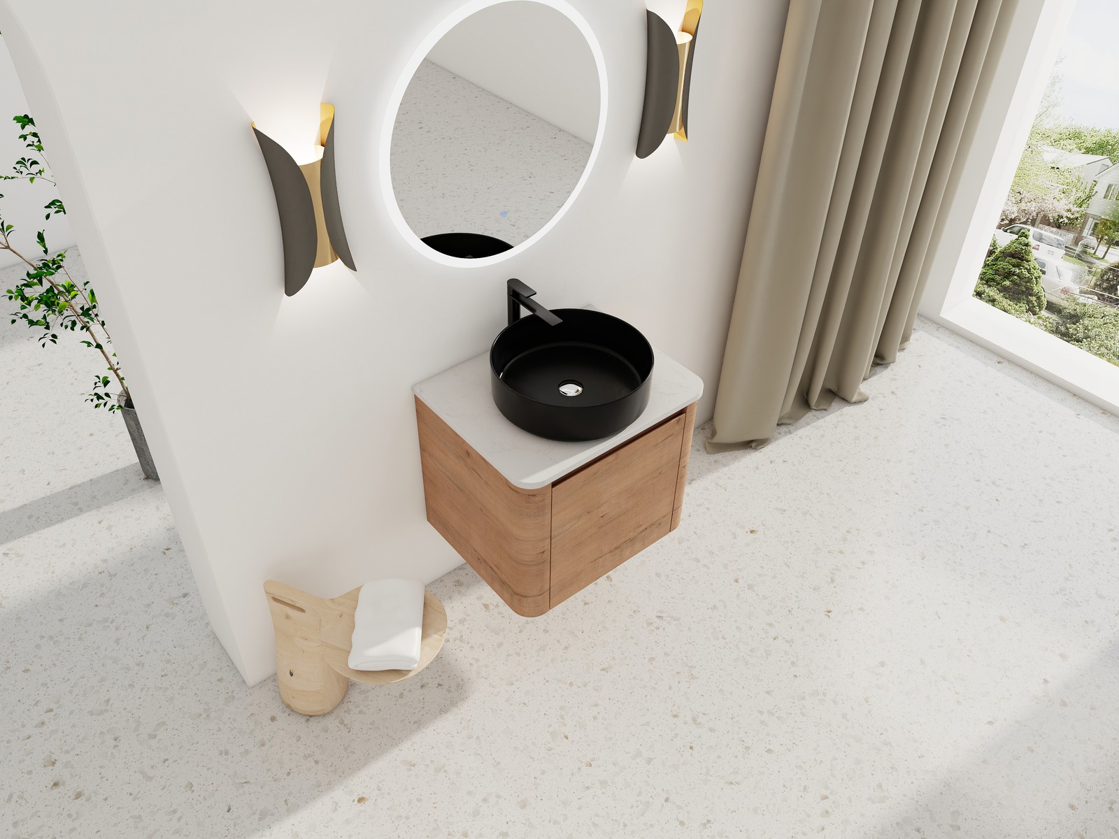 24 In Bathroom Vanity With White Flat Stone Slab Top Black Ceramic Vessel Sink