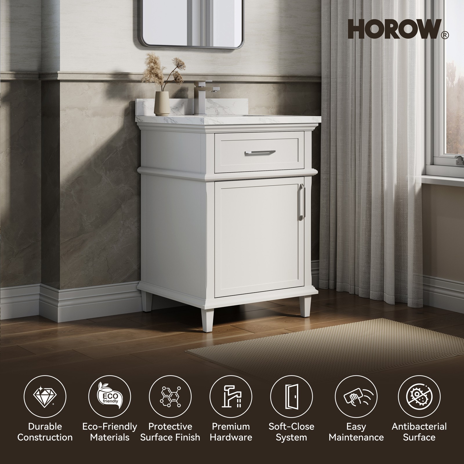 HOROW 24 Inch Bathroom Vanity with Sink, Wood Frame with Mable Top & Backspalsh