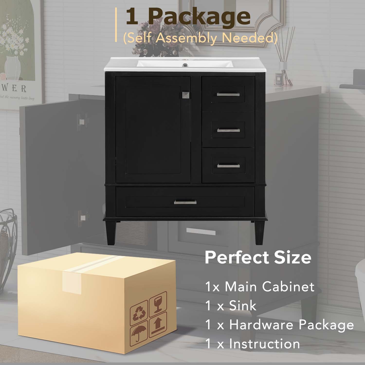 30″ Freestanding Bathroom Vanity Black Green Solid Wood Soft-Close 3 Drawer Sink