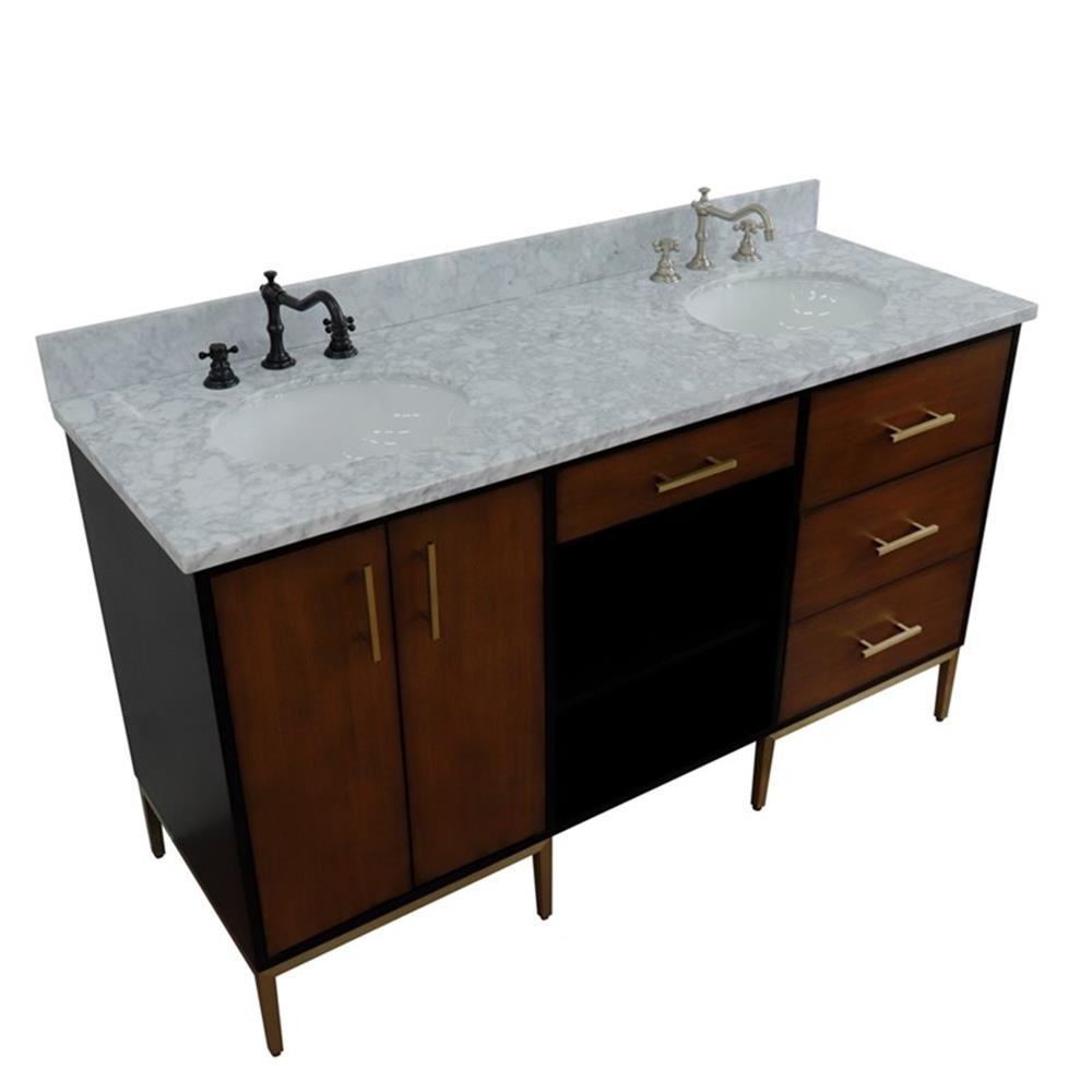 61 in. Double Wooden Vanity Walnut Black White Carrara Marble Oval Sink