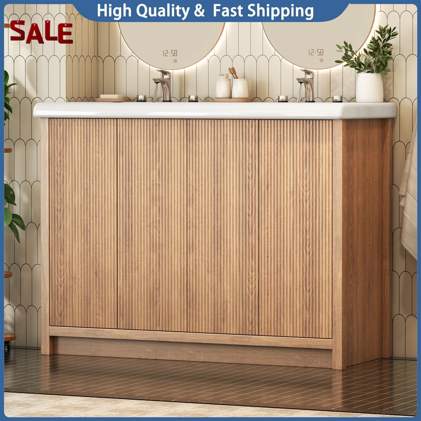 47″ Large Bathroom Vanity Double Ceramic Sink Freestanding Cabinet Storage