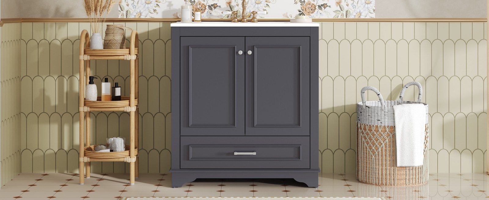 30.5″ Bathroom Vanity with Ceramic Sink, 2 Soft Close Doors, Solid Wood Frame