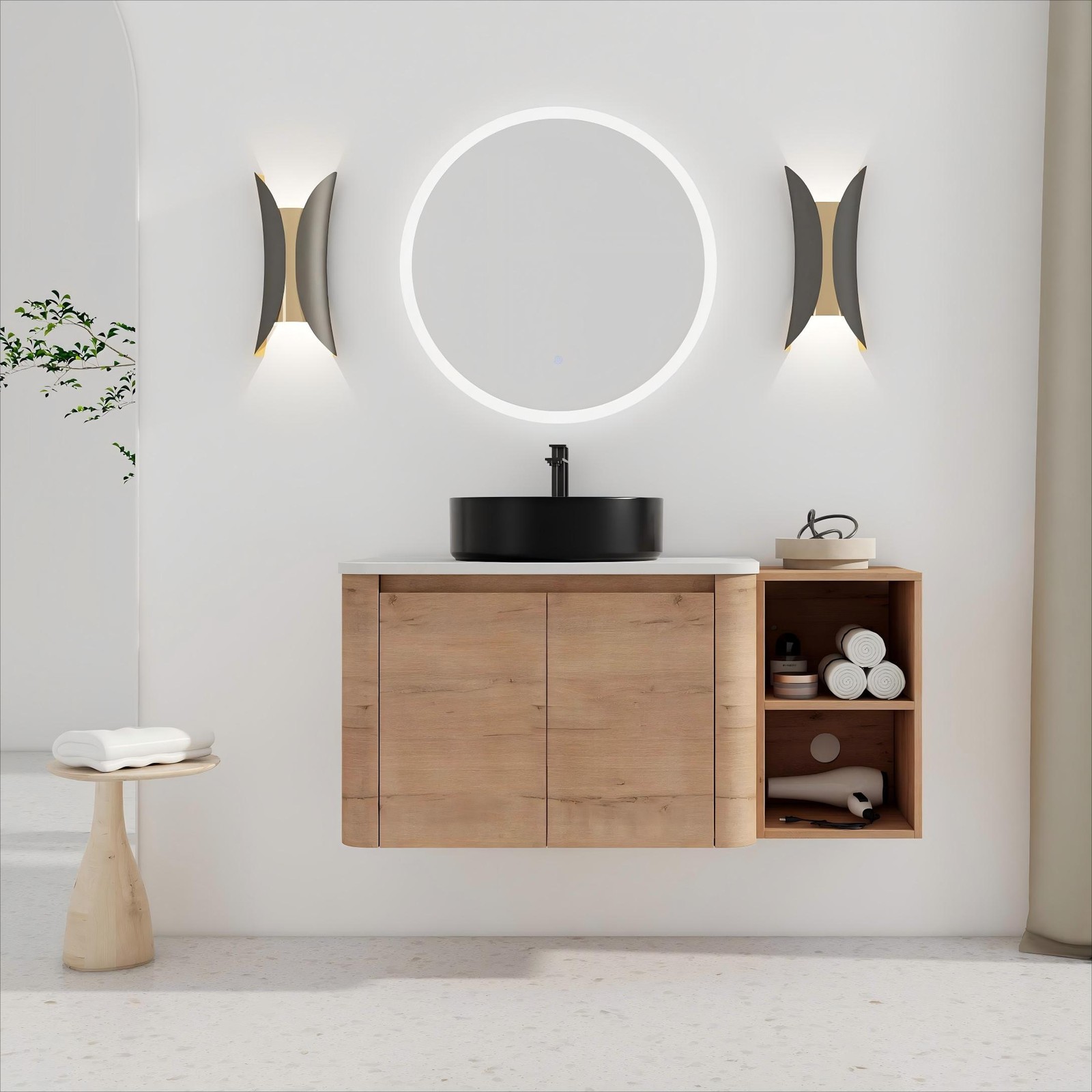 42” Wall-Mounted Bathroom Vanity Counter Top Black Vessel Sink Storage Shelves