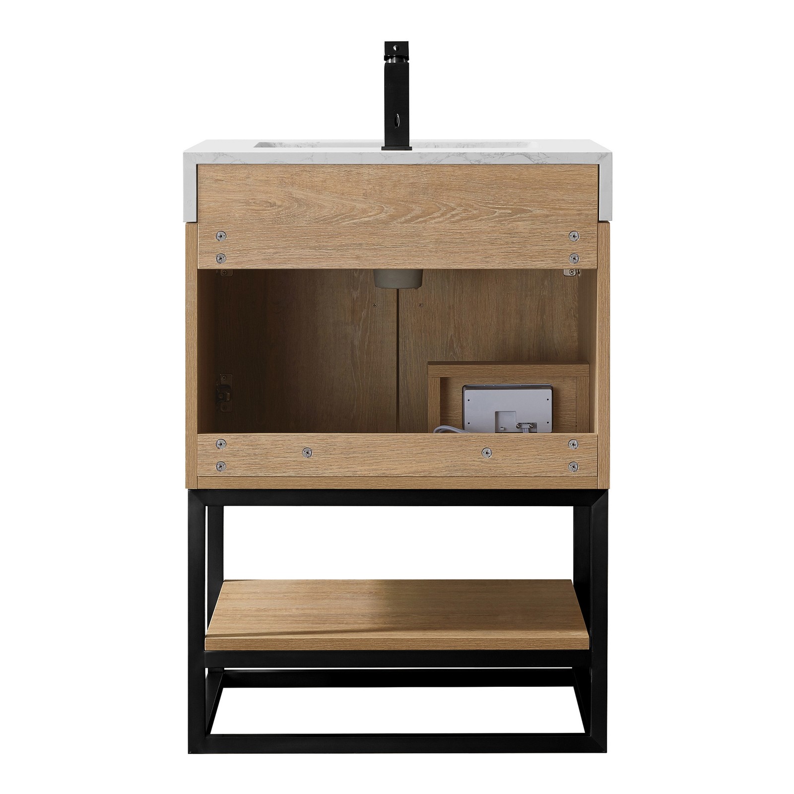 Vinnova Alistair 24″ White Stone Top Oak Single Vanity Black Frame w/o Mirror