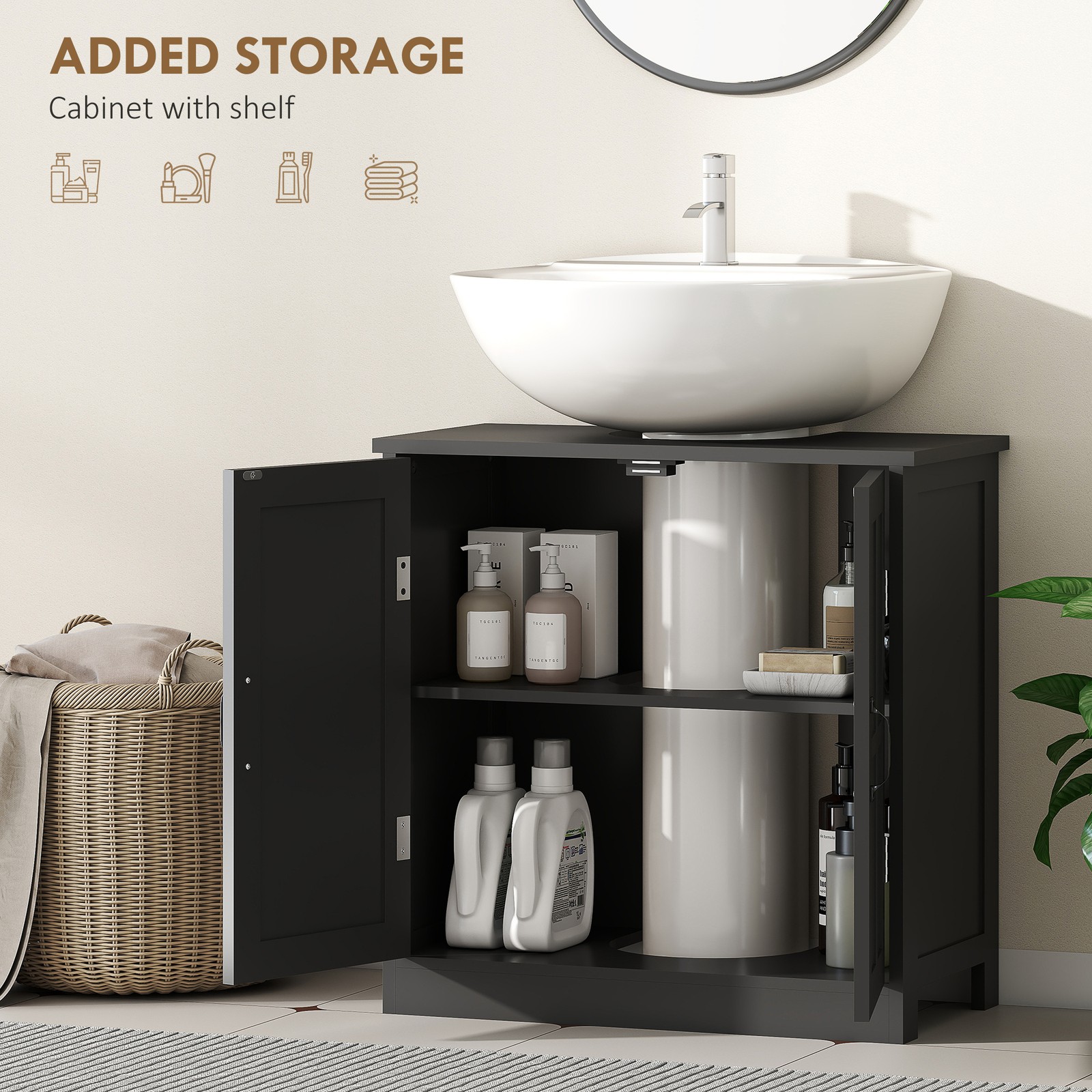Sink Cabinet, Pedestal Sink Cabinet with Adjustable Shelf, Black